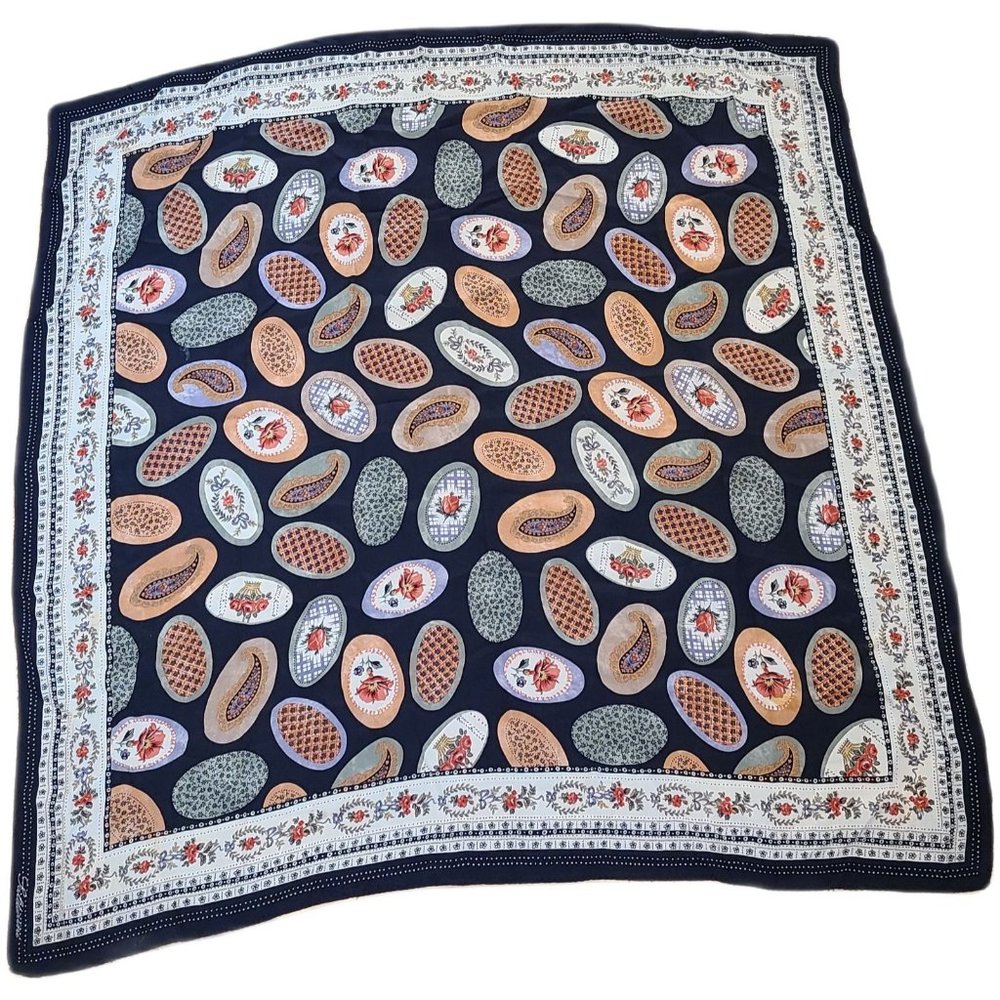 Saldarini 33" Paisley Painted Egg Floral Design Luxurious Scarf Black Pink Green